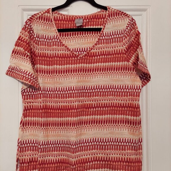 Chico's Coral Ikat Print V Neck Short Sleeve Tee size 2 (12/14) - Picture 1 of 1